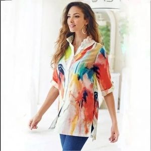 Soft Surroundings Isla Grande tropical wire collar sheer linen style blouse 2x